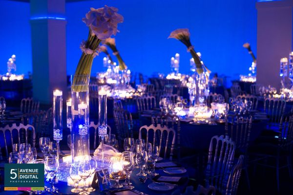 modern blue and white party decor