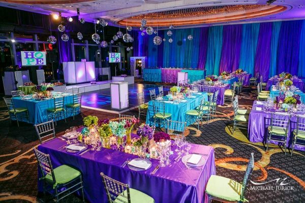 turquoise and purple party decorations